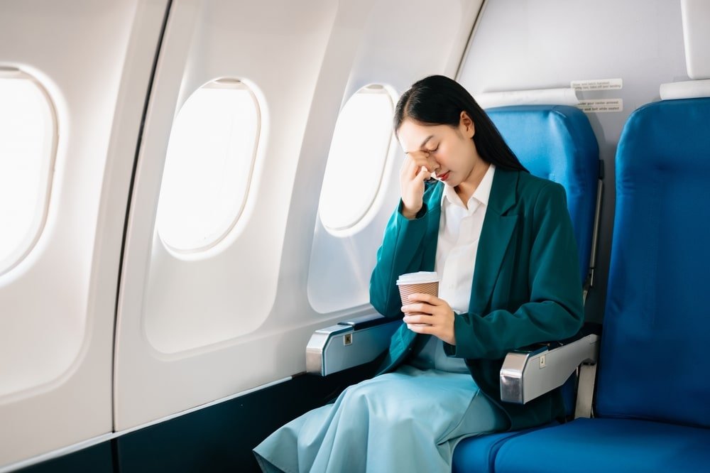 Mujer en el avión comenzando a sufrir jet lag.